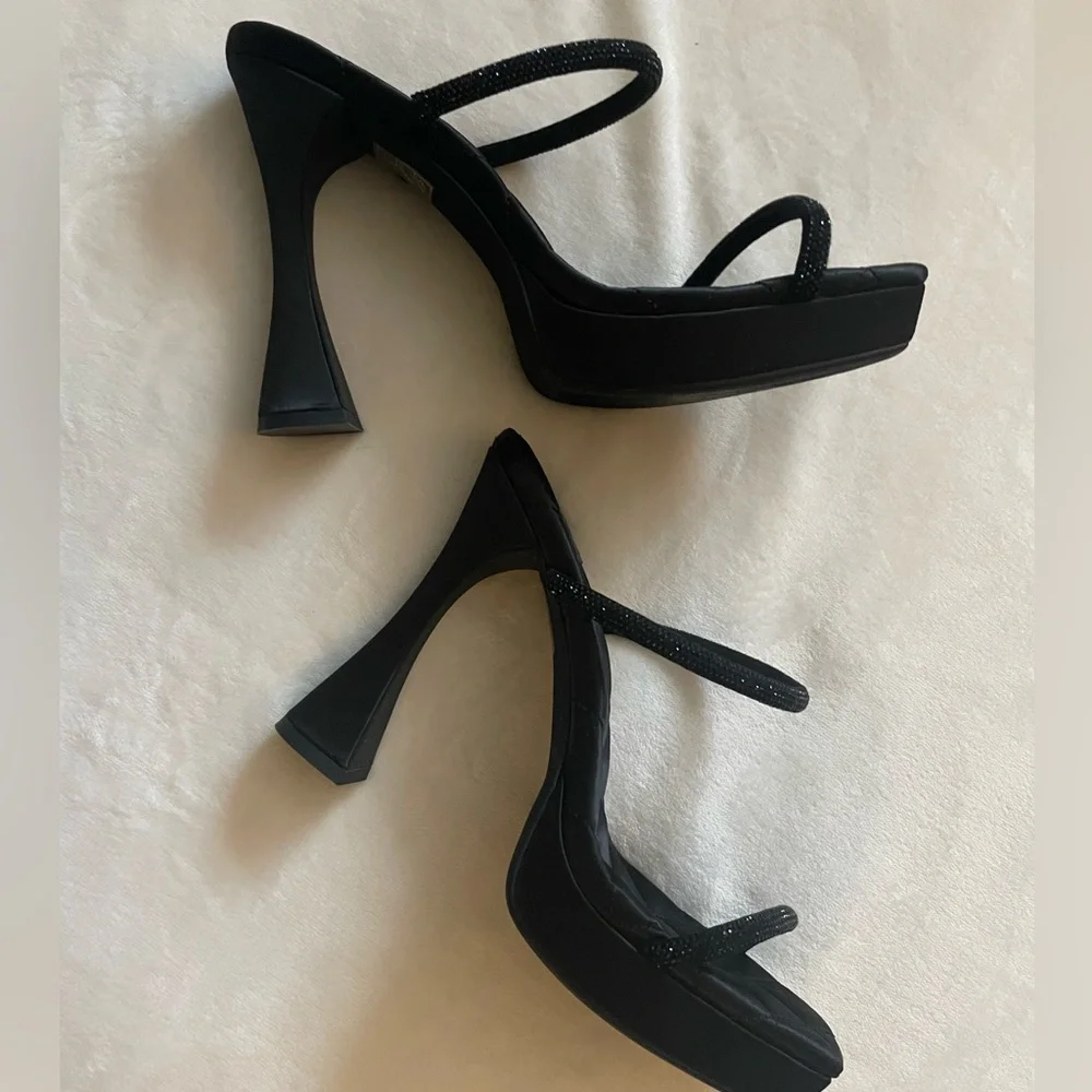 Jeffrey Campbell Black Sparkly Quilted Women's Square Toe Sandal Heels‎